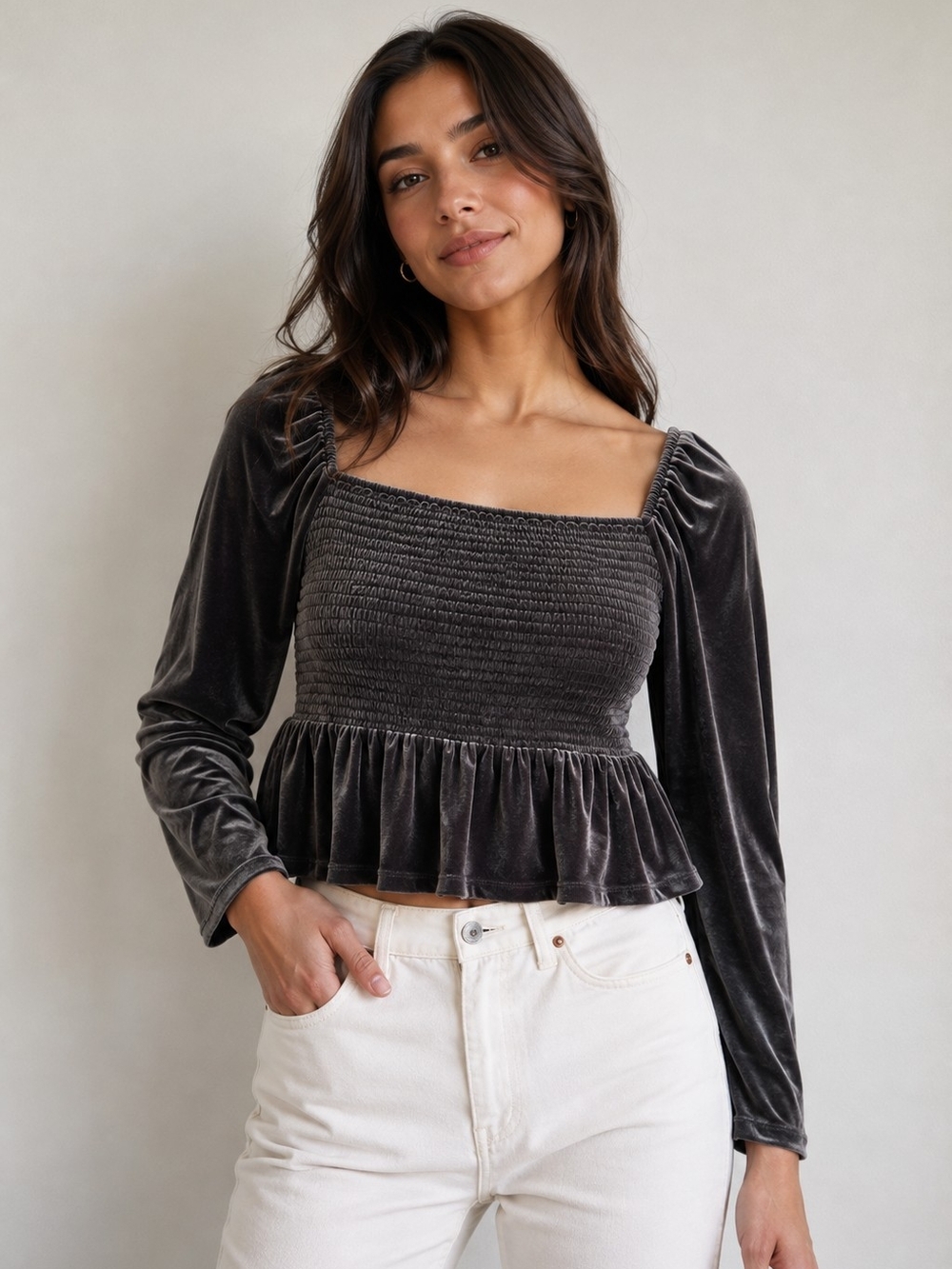 GAP Charcoal Smocked Velvet Peplum Long-Sleeve Top